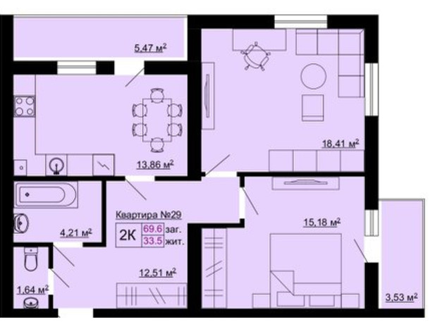 ЖК Південний: планування 2-кімнатної квартири 68.9 м²