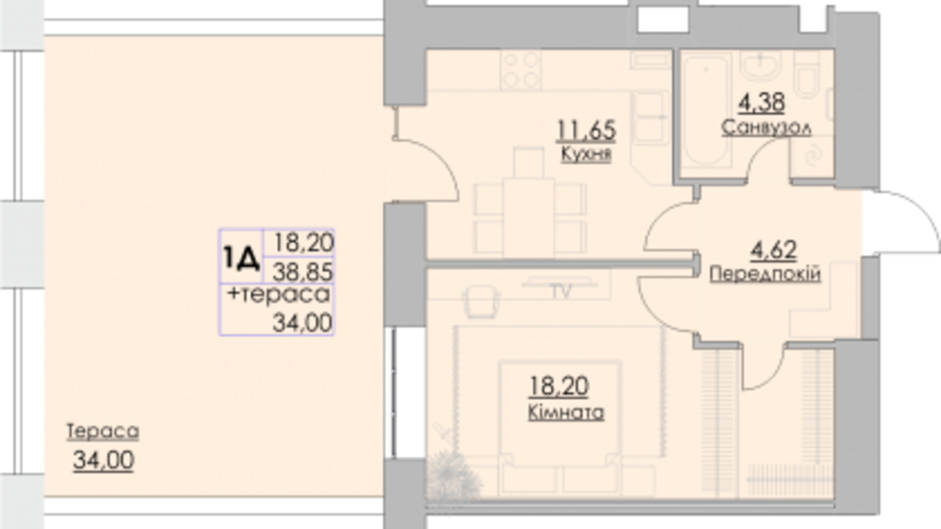 Планування 1-кімнатної квартири в ЖК Греків Ліс 38.85 м², фото 489629