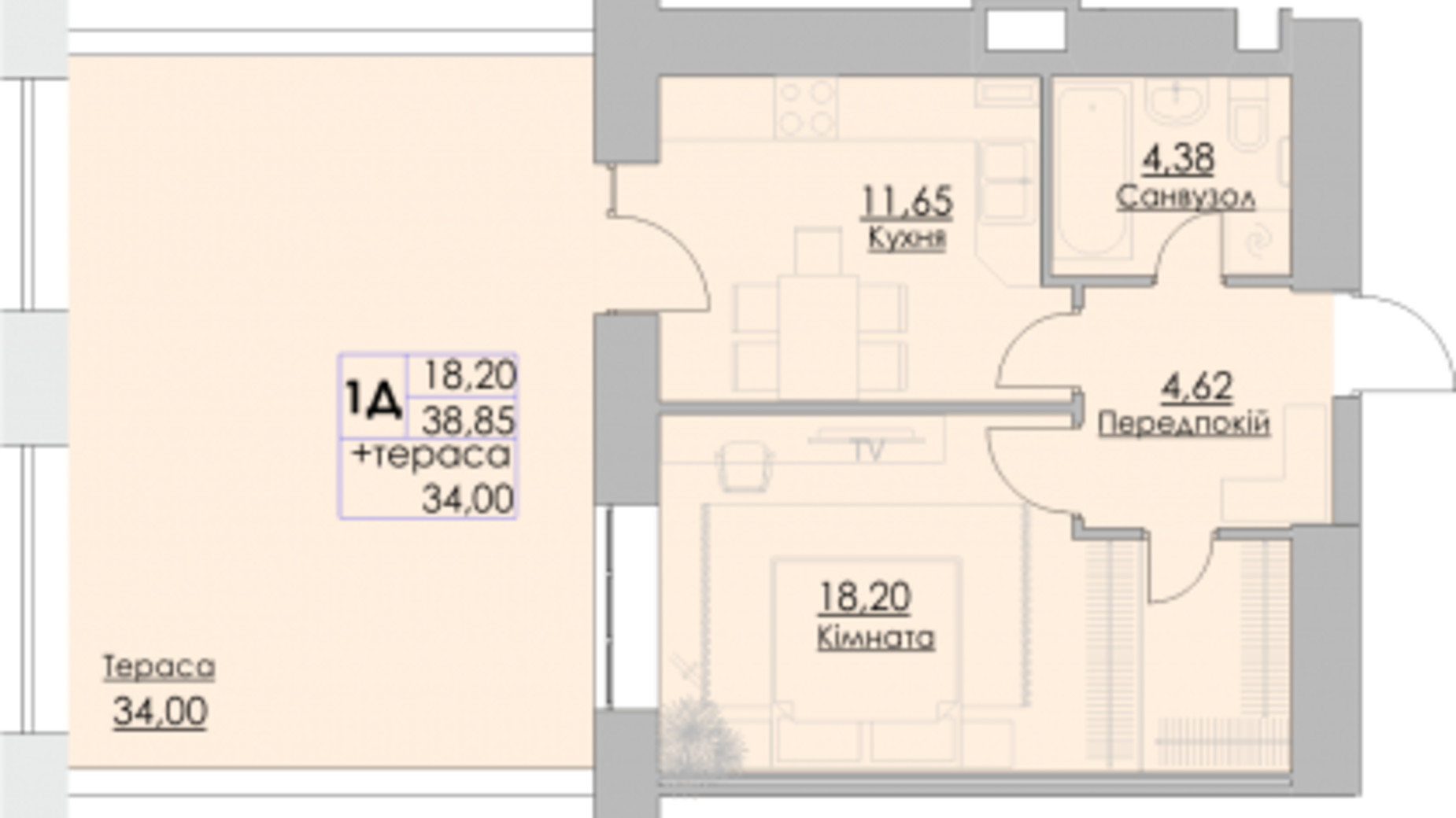 Планировка 1-комнатной квартиры в ЖК Греков Лес 38.85 м², фото 489629