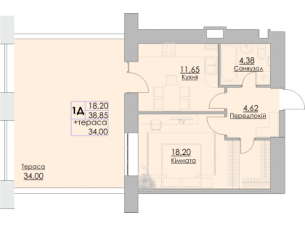 ЖК Греків Ліс: планування 1-кімнатної квартири 38.85 м²