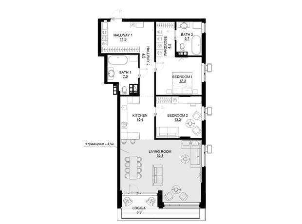 ЖК 31: планировка 2-комнатной квартиры 105.6 м²