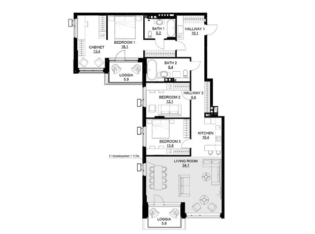ЖК 31: планировка 3-комнатной квартиры 140.9 м²