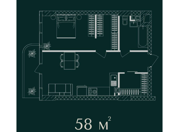 ЖК Neboshill: планировка 2-комнатной квартиры 58 м²