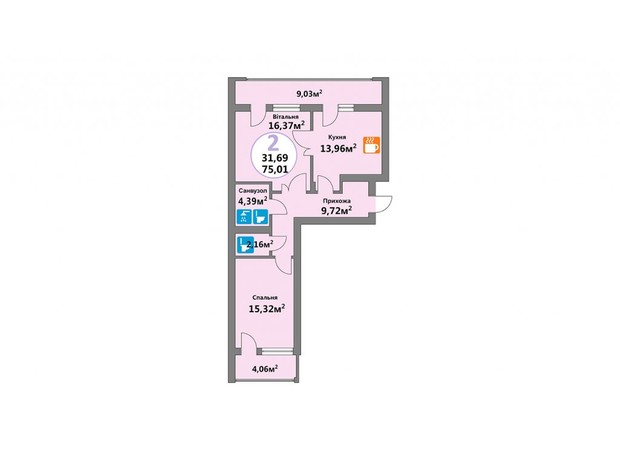 ЖК Эко-дом на Надийний: планировка 2-комнатной квартиры 75.01 м²