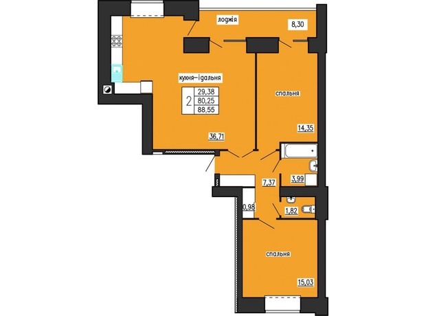 ЖК по ул. Лучаковского-Троллейбусная: планировка 2-комнатной квартиры 88.55 м²