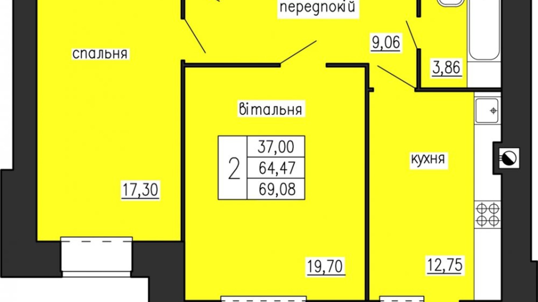 Планировка 2-комнатной квартиры в ЖК по ул. Лучаковского-Троллейбусная 69.08 м², фото 492704