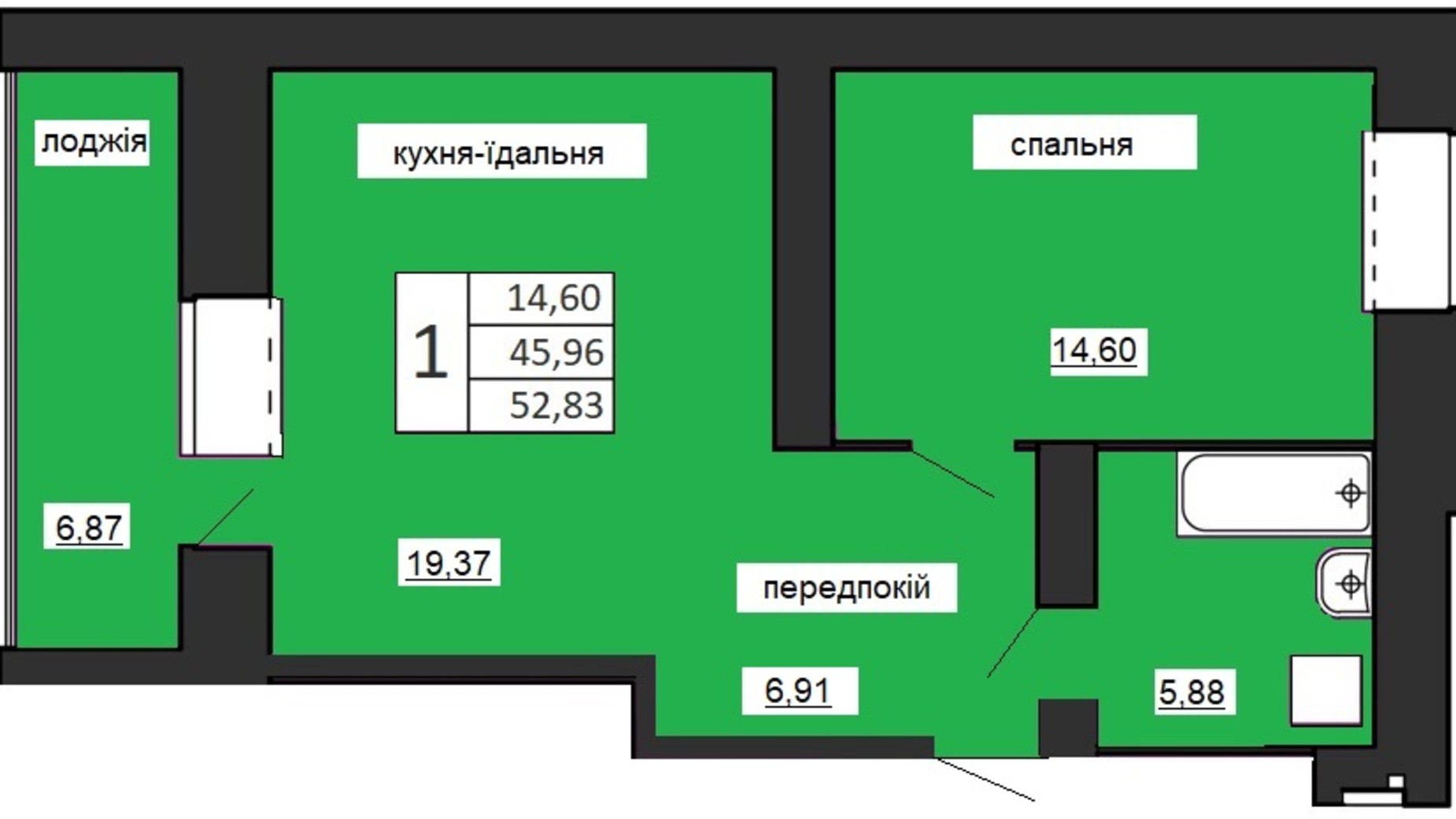 Планировка 3-комнатной квартиры в ЖК по ул. Лучаковского-Троллейбусная 52.83 м², фото 492707