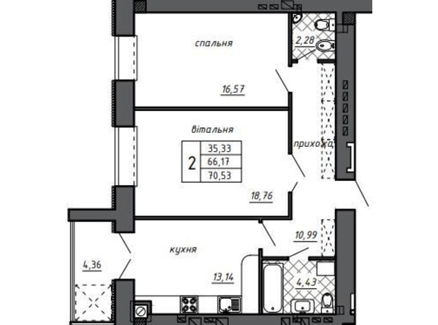 ЖК Оград: планування 2-кімнатної квартири 74.2 м²