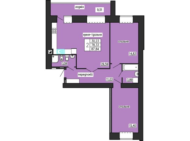 ЖК по ул. Лучаковского-Троллейбусная: планировка 2-комнатной квартиры 87.84 м²