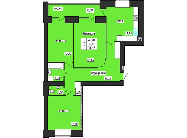 ЖК по ул. Лучаковского-Троллейбусная: планировка 3-комнатной квартиры 94.16 м²