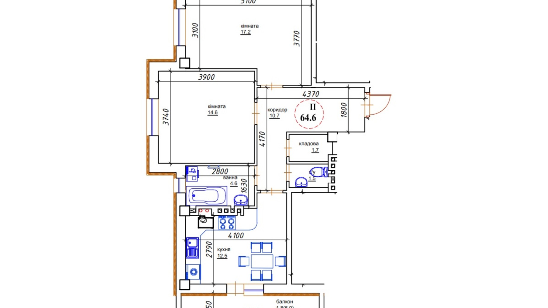 Планування 2-кімнатної квартири в ЖК ЯнівБуд 64.6 м², фото 493167