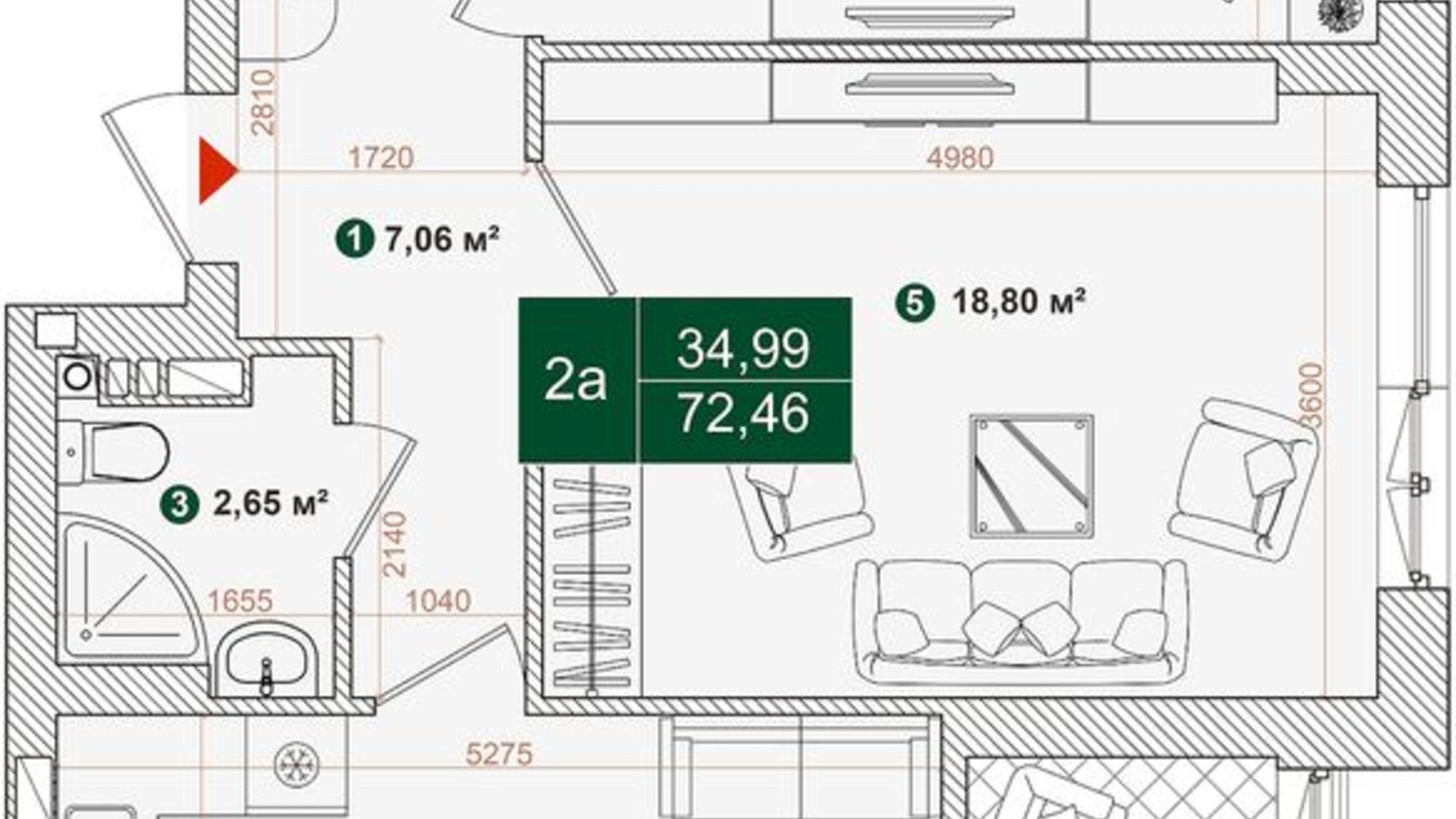 Планировка 2-комнатной квартиры в ЖК Forest Park 72.46 м², фото 493701