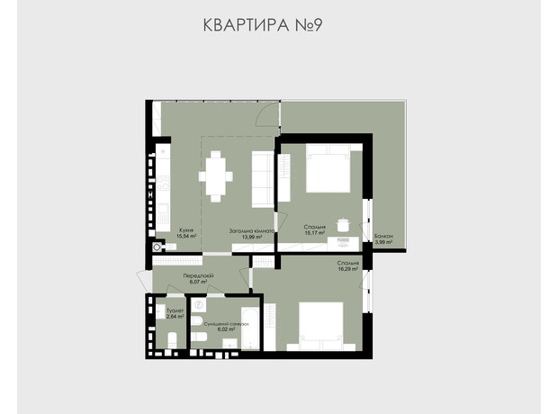 ЖК Okruzhna Hall: планировка 2-комнатной квартиры 79.87 м²