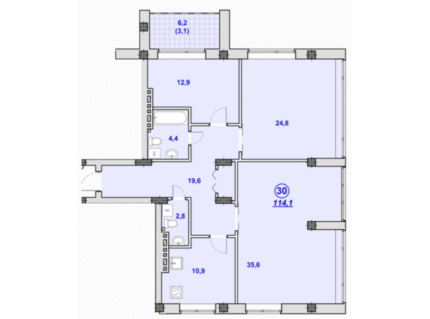ЖК Южный: планировка 3-комнатной квартиры 114 м²