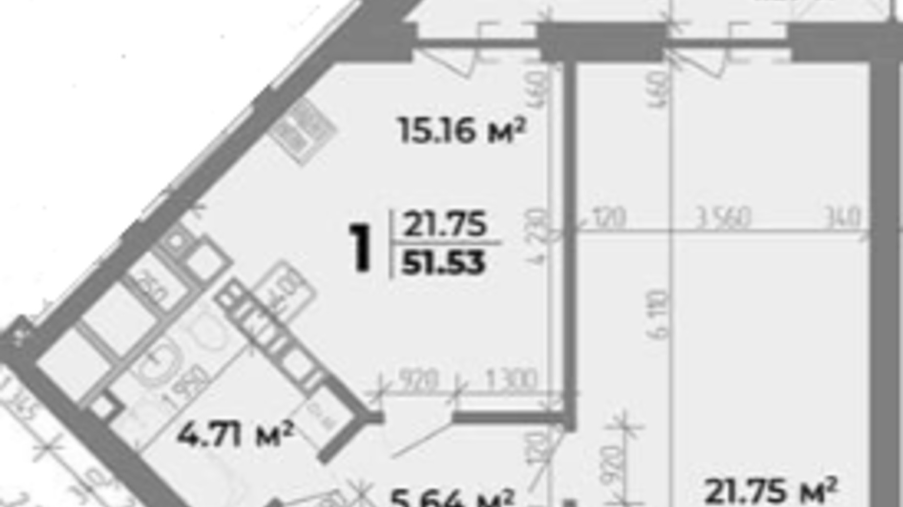 Планування 1-кімнатної квартири в ЖК Standard Lux 51.53 м², фото 493751