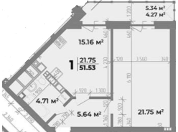 ЖК Standard Lux: планировка 1-комнатной квартиры 51.53 м²