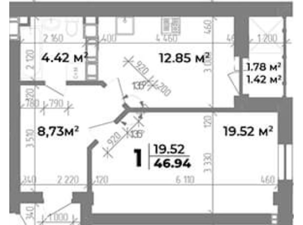 ЖК Standard Lux: планировка 1-комнатной квартиры 46.94 м²