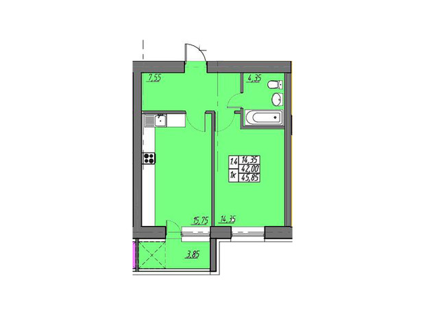 ЖК на Шептицького: планування 1-кімнатної квартири 45.85 м²