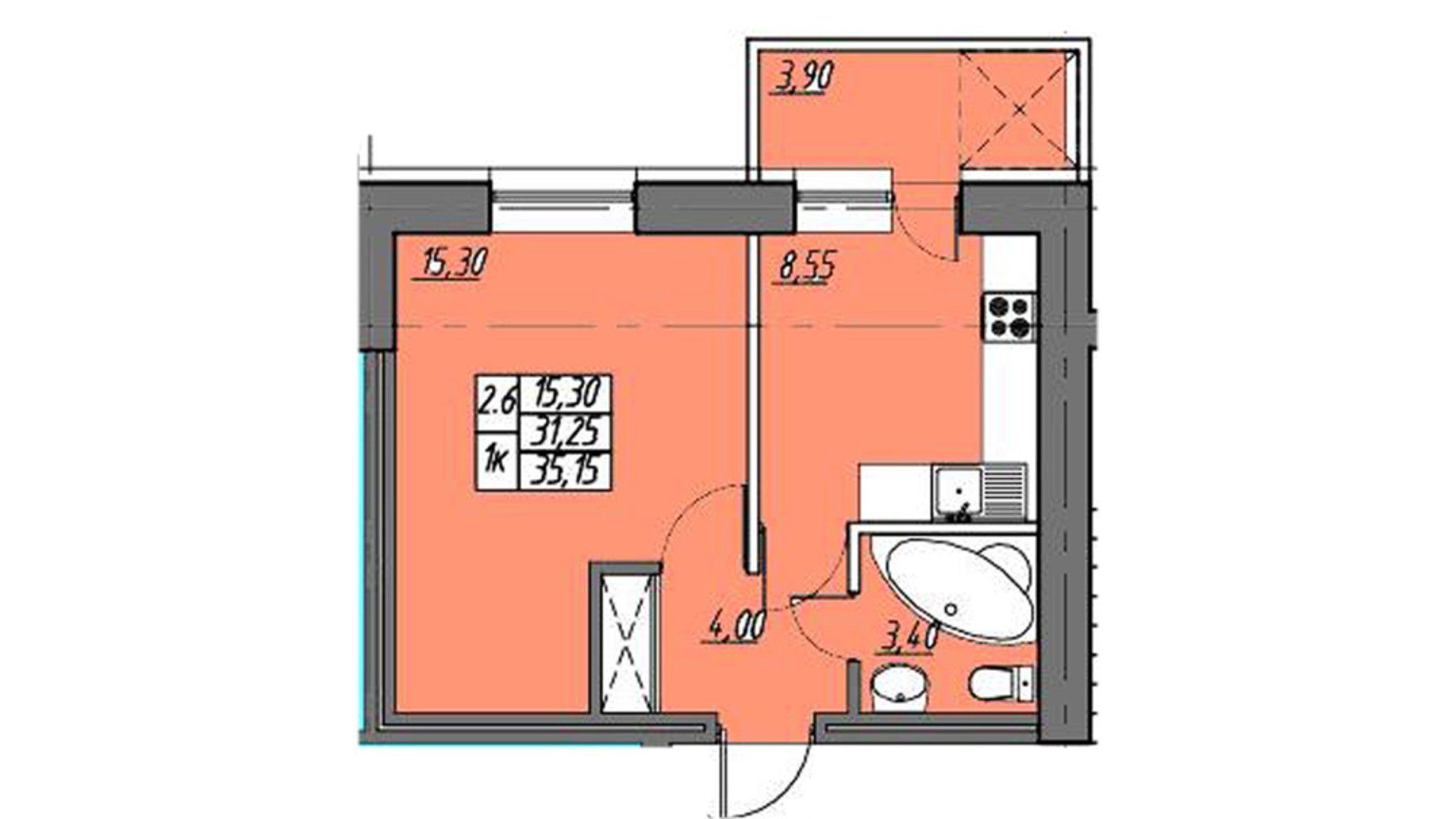 Планування 1-кімнатної квартири в ЖК на Шептицького 35.15 м², фото 494250