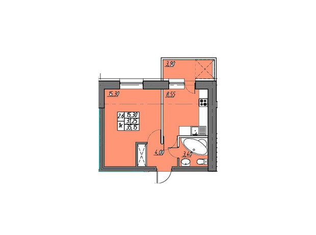 ЖК на Шептицького: планування 1-кімнатної квартири 35.15 м²