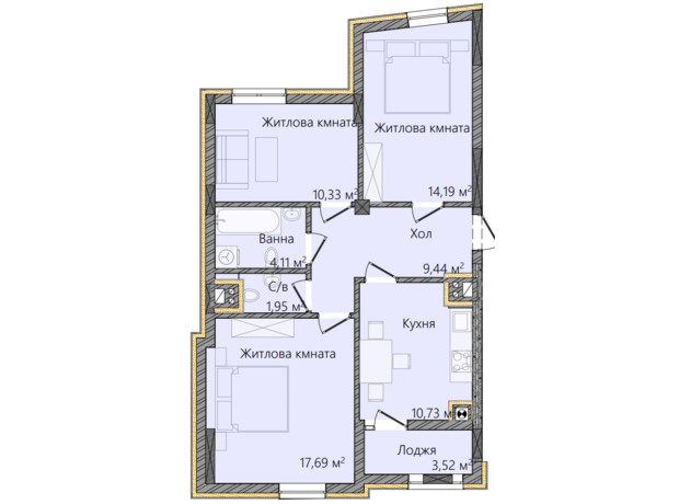 ЖК ул. Хотинская, 3: планировка 3-комнатной квартиры 72 м²