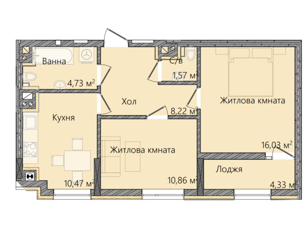 ЖК ул. Хотинская, 3: планировка 2-комнатной квартиры 56.21 м²