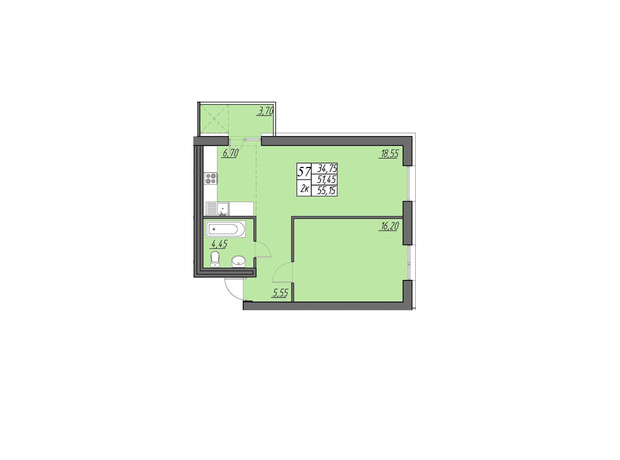 ЖК Best Village Байківці: планування 2-кімнатної квартири 55.15 м²