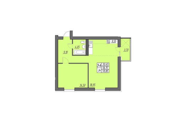 ЖК Best Village Байківці: планування 1-кімнатної квартири 59.85 м²