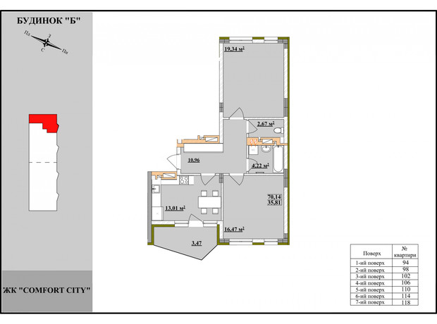 ЖК Comfort City: планування 2-кімнатної квартири 70.14 м²