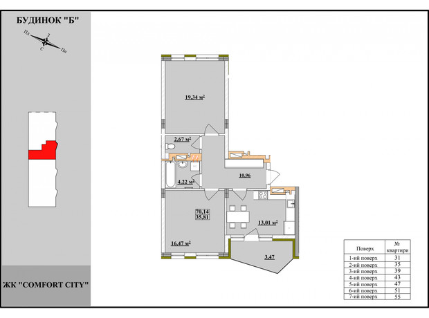 ЖК Comfort City: планування 2-кімнатної квартири 70.14 м²