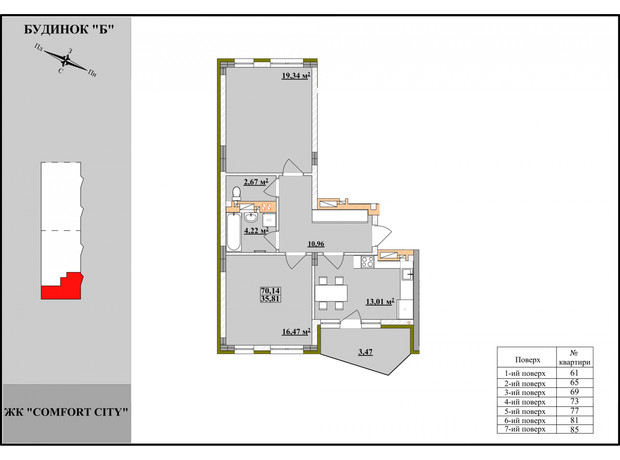 ЖК Comfort City: планування 2-кімнатної квартири 70.14 м²