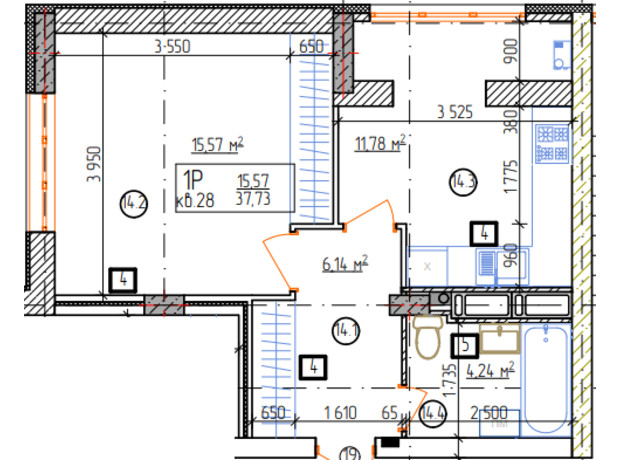 ЖК вул. Євгенія Пікуса, 14: планування 1-кімнатної квартири 37.73 м²