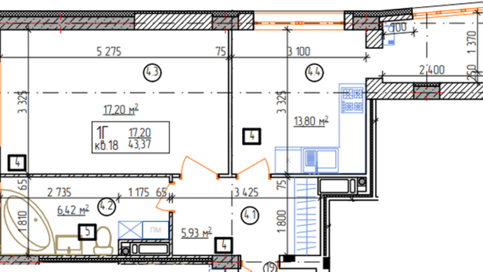 Планировка 1-комнатной квартиры в ЖК ул. Евгения Пикуса, 14 43.37 м², фото 495889