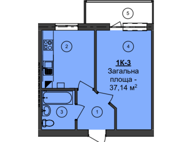 ЖК Мій Дім: планування 1-кімнатної квартири 37.14 м²