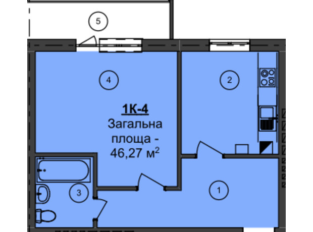 ЖК Мій Дім: планування 1-кімнатної квартири 46.27 м²