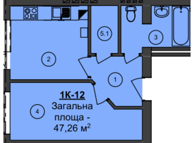 ЖК Мій Дім: планування 1-кімнатної квартири 47.26 м²