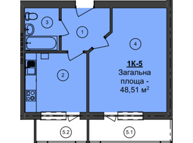 ЖК Мой Дом: планировка 1-комнатной квартиры 48.51 м²