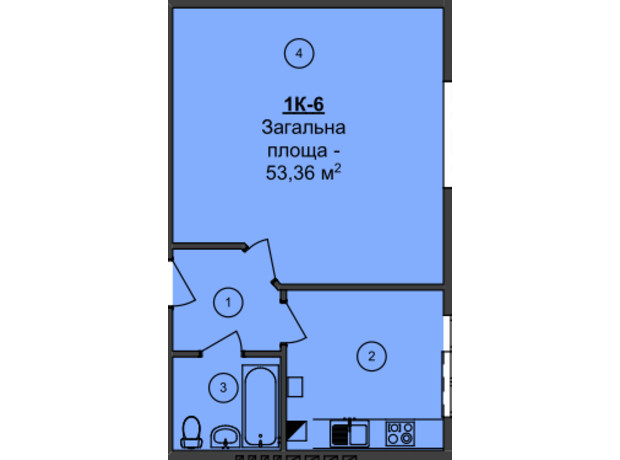 ЖК Мій Дім: планування 1-кімнатної квартири 53.36 м²
