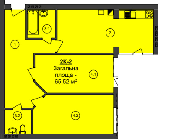 ЖК Мой Дом: планировка 2-комнатной квартиры 65.52 м²