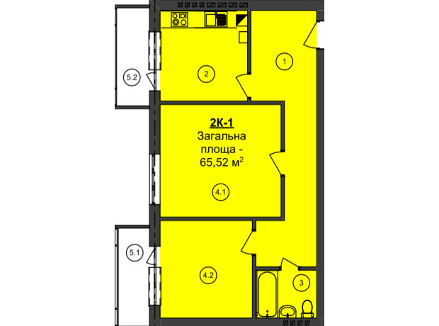 ЖК Мой Дом: планировка 2-комнатной квартиры 65.52 м²