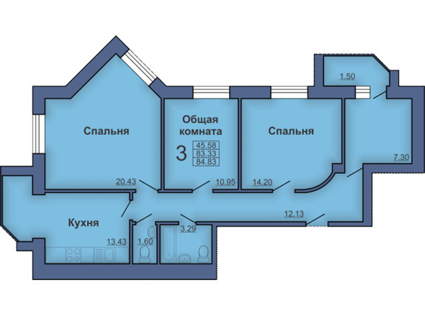 ЖК вул. Миру: планування 3-кімнатної квартири 84.83 м²