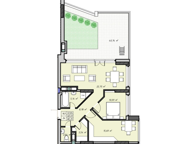 ЖК Sky Hall : планування 2-кімнатної квартири 80.25 м²