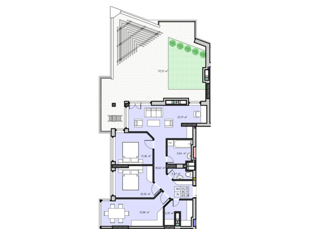 ЖК Sky Hall : планування 3-кімнатної квартири 109.38 м²