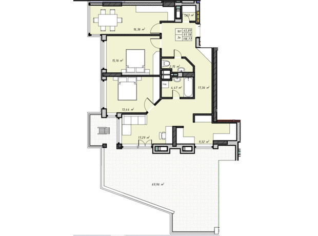 ЖК Sky Hall : планировка 3-комнатной квартиры 118.77 м²