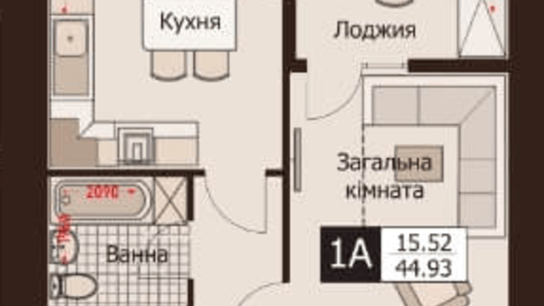 Планировка 1-комнатной квартиры в ЖК Rafinad 44.93 м², фото 495997