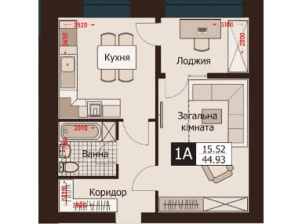 ЖК Rafinad: планировка 1-комнатной квартиры 44.93 м²