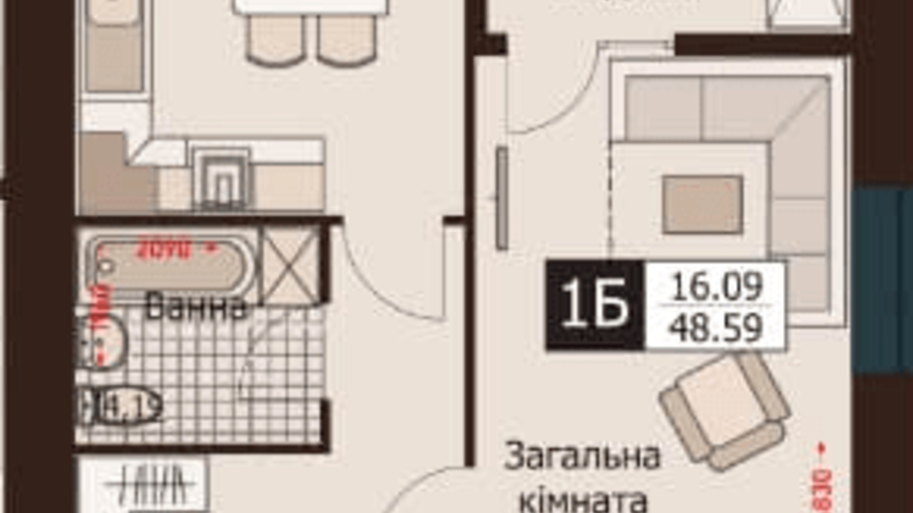 Планировка 1-комнатной квартиры в ЖК Rafinad 48.59 м², фото 495998