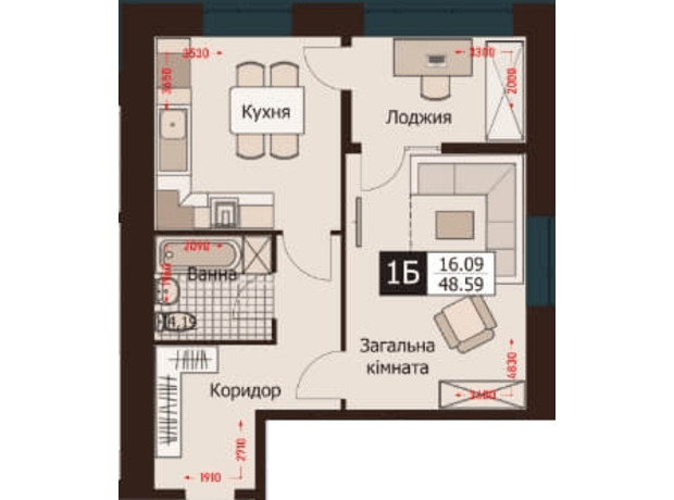 ЖК Rafinad: планування 1-кімнатної квартири 48.59 м²