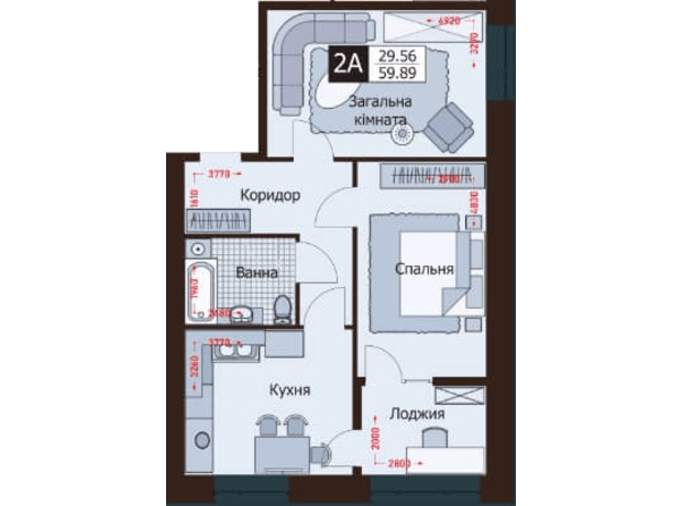 ЖК Rafinad: планировка 2-комнатной квартиры 59.89 м²