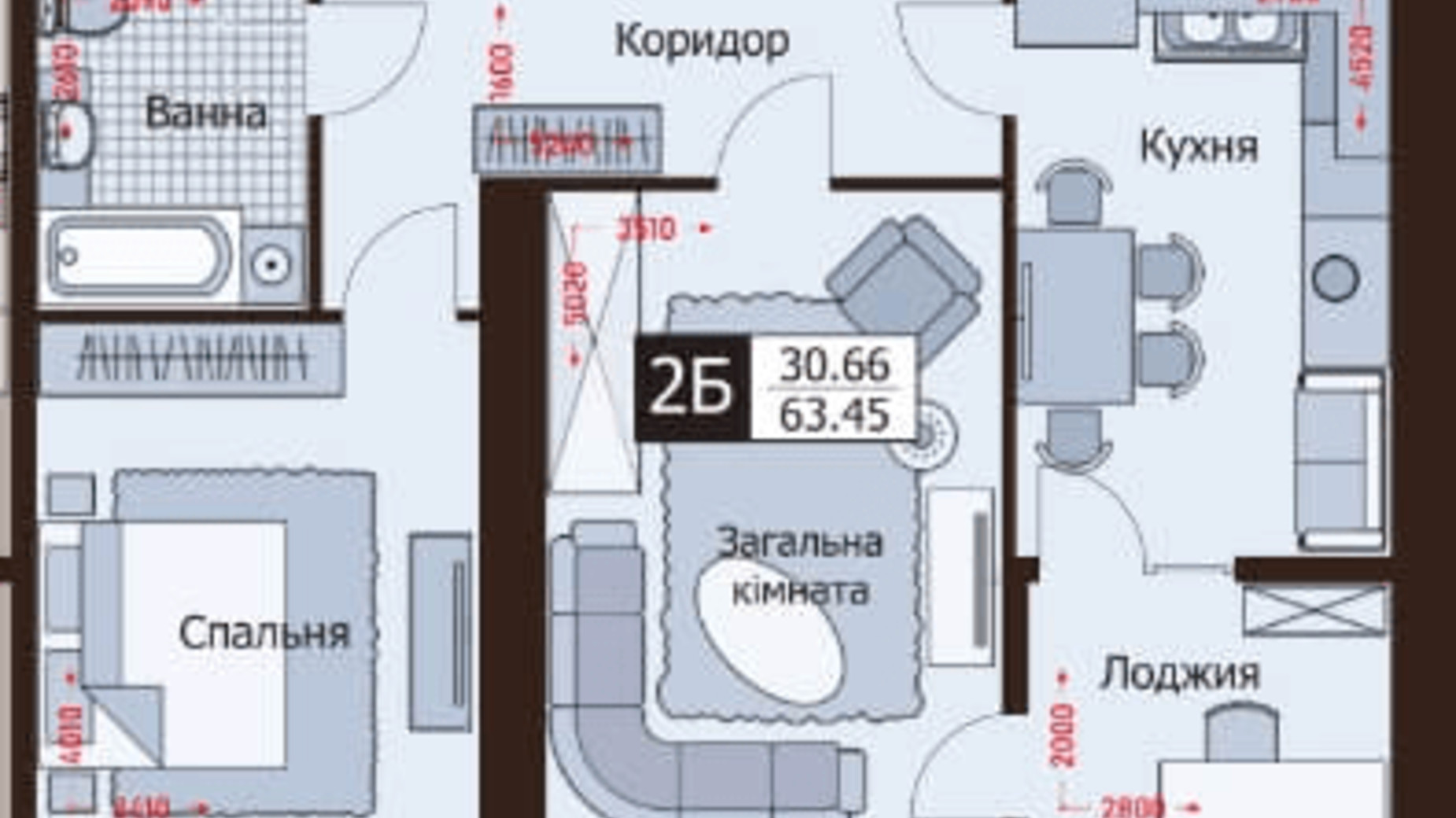 Планировка 2-комнатной квартиры в ЖК Rafinad 63.45 м², фото 496002